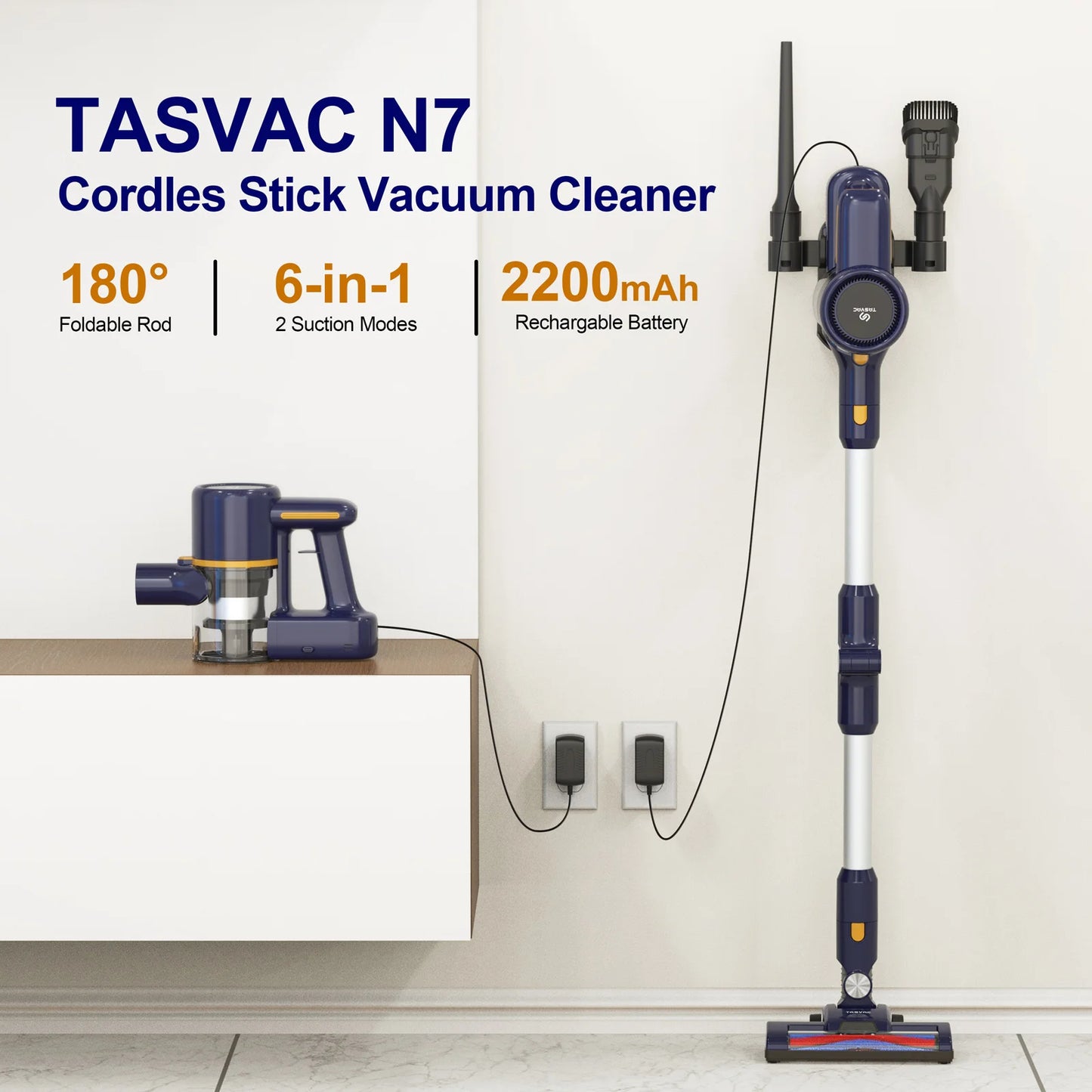 n7 cordless stick vacuum cleaner, 35kpa, 1.2l dust cartridge, removable battery, up to 55 minutes of operating time, 6-in-1 hand