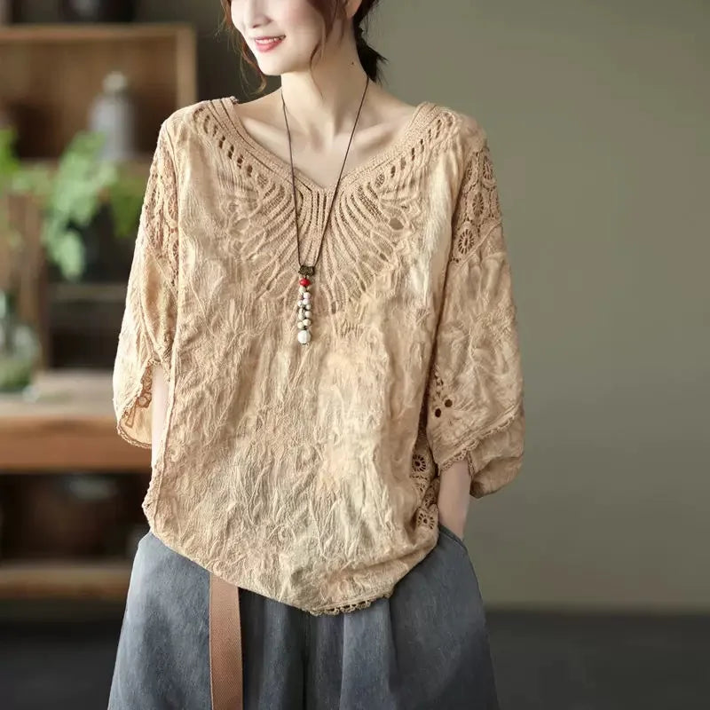 summer fashionable cotton cut out hook pattern bat sleeve top loose large size short-sleeved elegant artistic blouse t-shirt for women