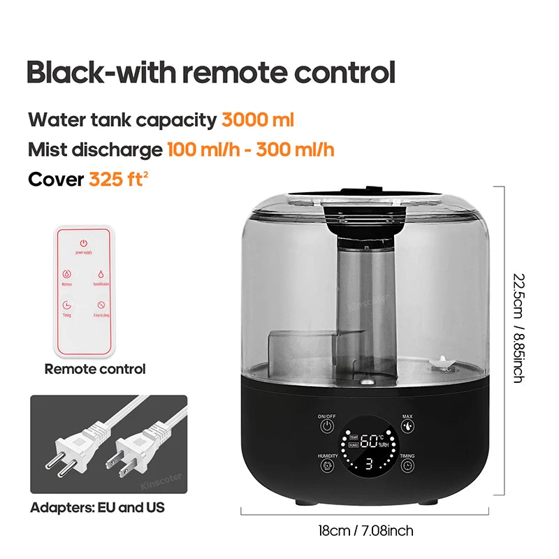 kinscoter 3l air humidifier professional large capacity home humidifier plant mist aroma diffuser with remote control timer