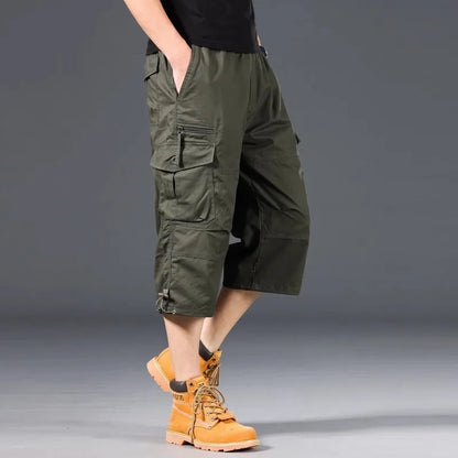 Men's Summer Cargo Shorts Loose Casual Elastic Waist below Knee Outdoor Tactical Capri Pants with Pockets