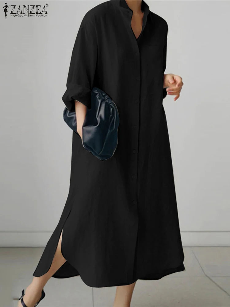 zanzea women dress long sleeve solid shirt sundress lapel neck buttons vestidos fashion loose maxi dresses vintage robe femme