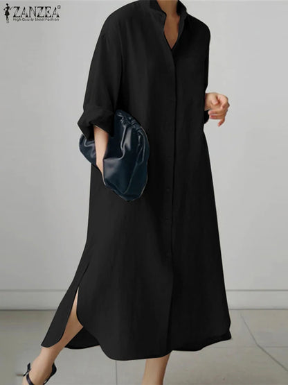 ZANZEA Women Dress Long Sleeve Solid Shirt Sundress Lapel Neck Buttons Vestidos Fashion Loose Maxi Dresses Vintage Robe Femme