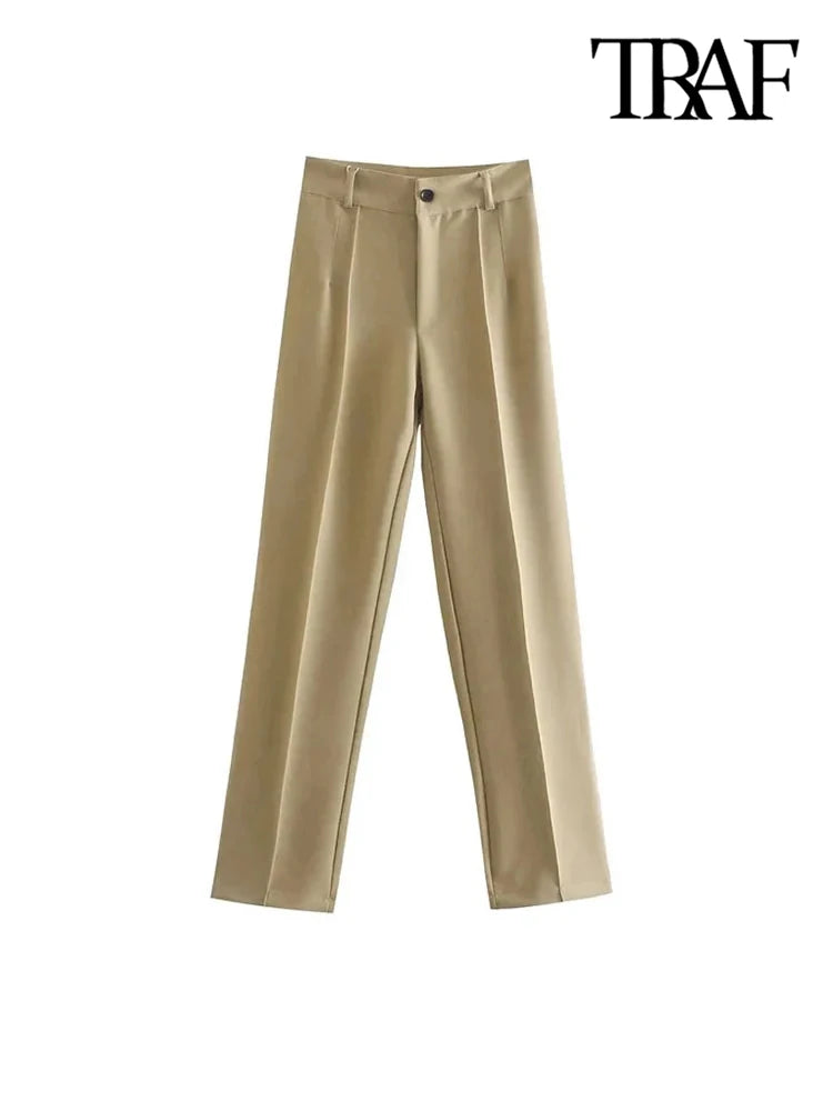 traf women chic fashion office wear straight pants vintage high waist zipper fly female trousers mujer