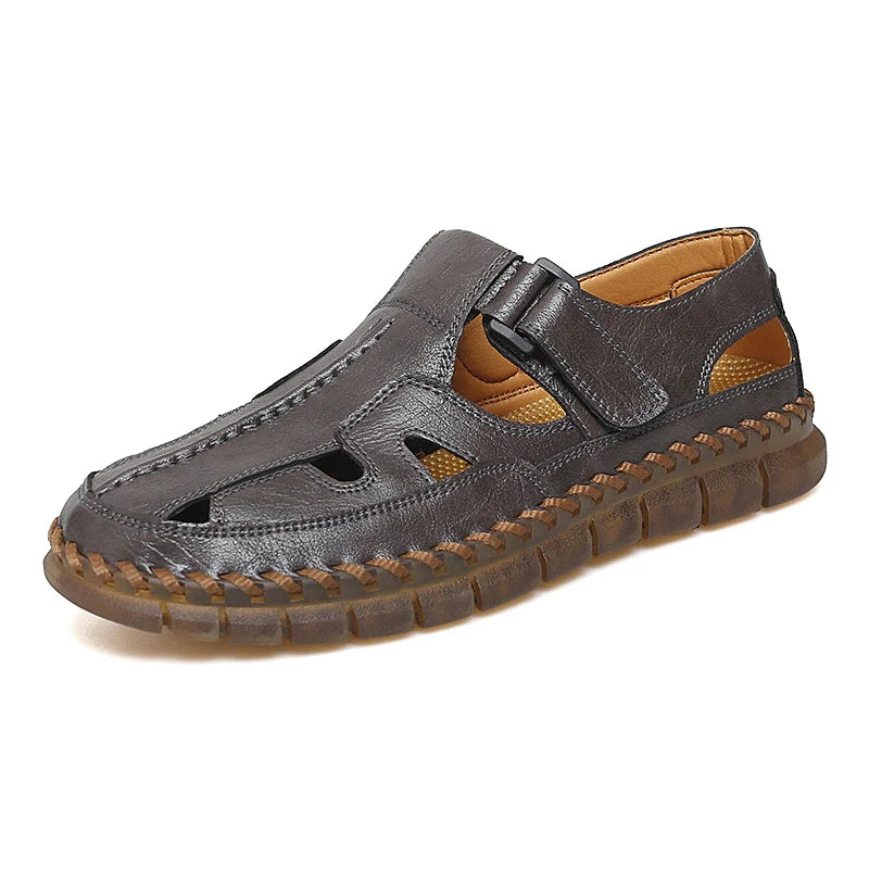 handmade leather  mens casual shoesclassic men sandals summer outdoor walking flats breathable man sandals versatile roma shoes
