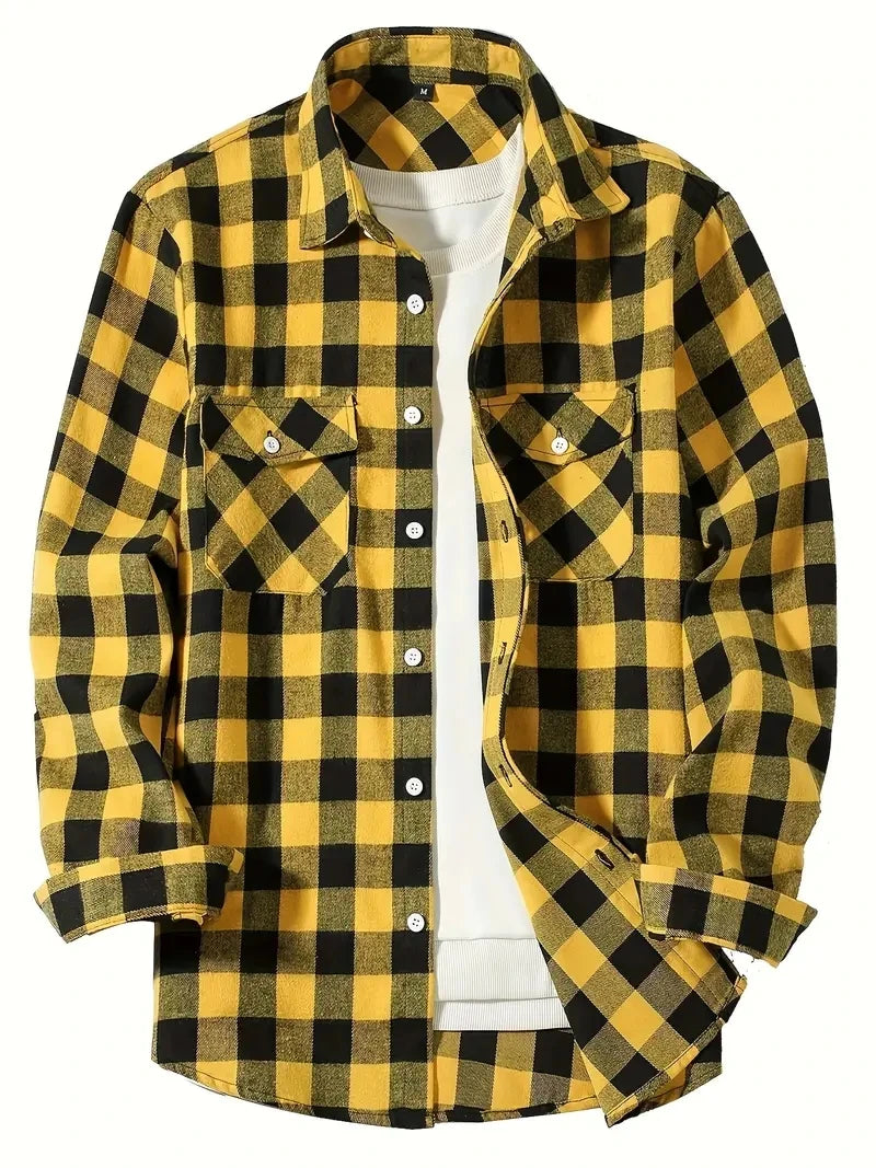 men's long sleeve shirt spring autumn fashion red plaid business casual fit flannel no iron turn-down collar polyester-rayon