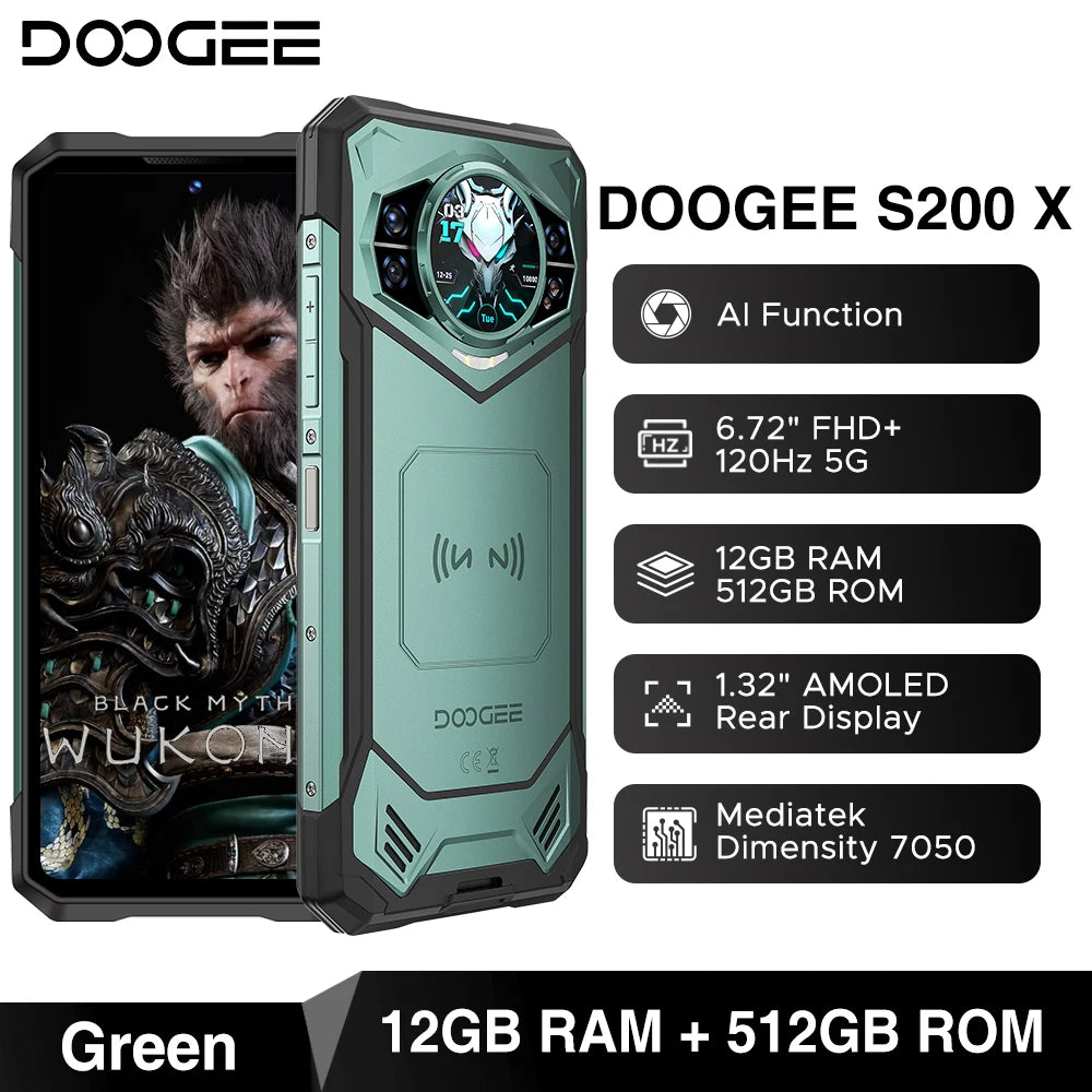 world premiere doogee s200 x 5g 12gb 512gb rugged phone mtk dimensity 7050 10100mah battery 33w 6.72” fhd+120hz ips screen