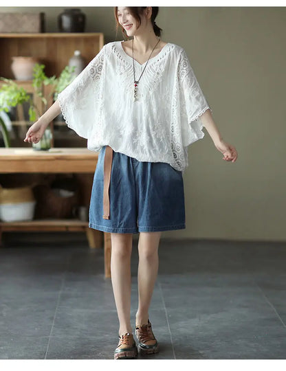 Summer Fashionable Cotton Cut Out Hook Pattern Bat Sleeve Top Loose Large Size Short-Sleeved Elegant Artistic Blouse T-Shirt for Women