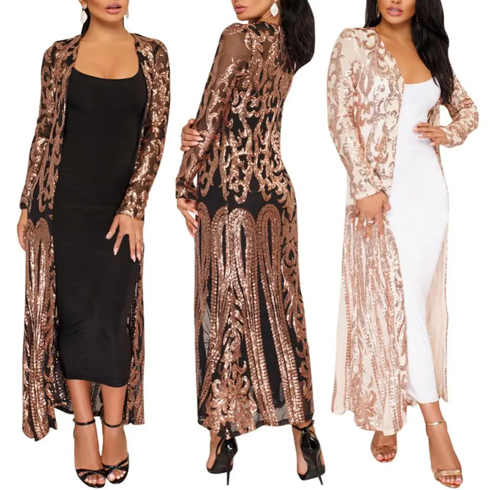 sexy women long sleeve women's long coat sequin perspective maxi coat gown cardigan vintage evening party open blouse кардиган ж