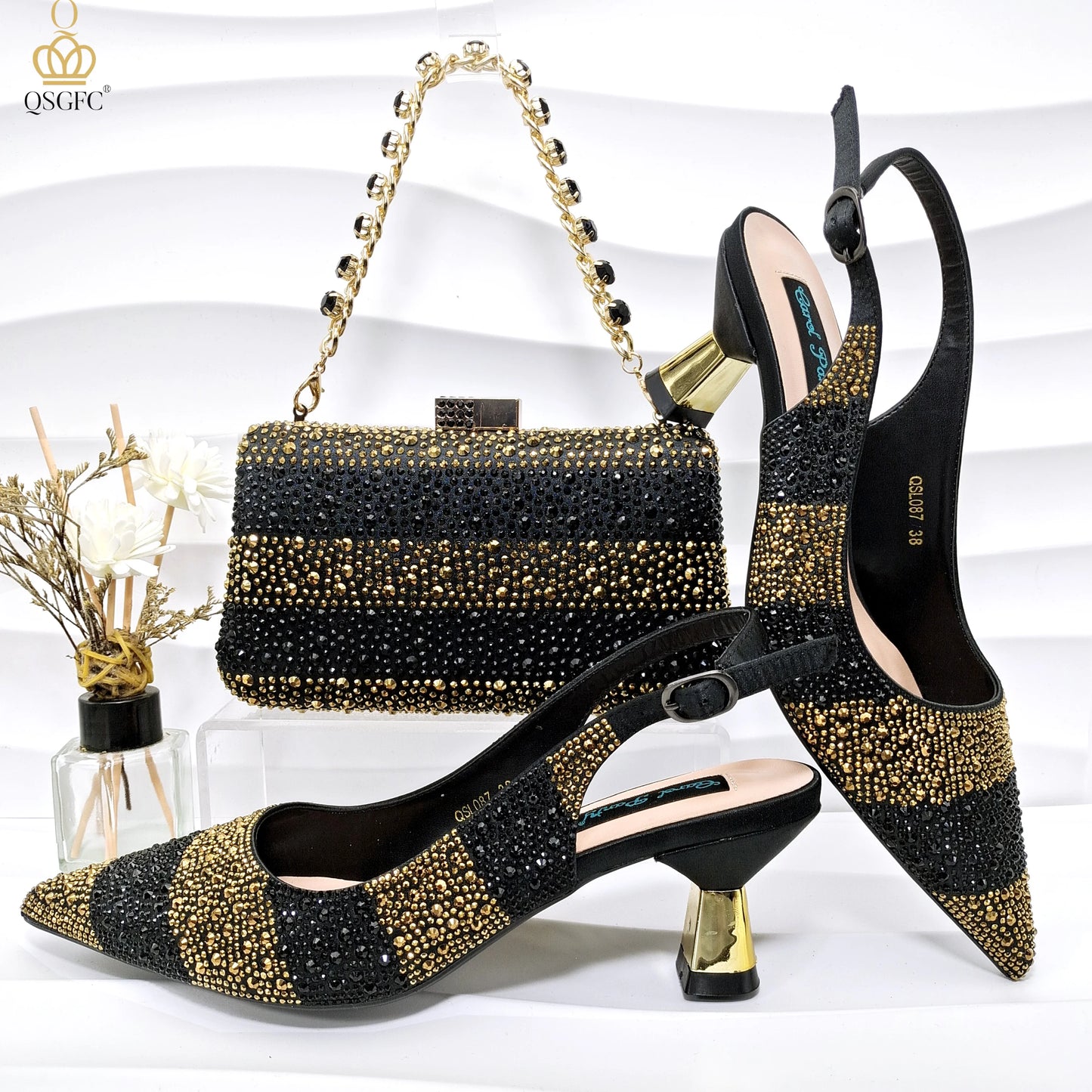 qsgfc nigerian women heel party ladies italian design green shoes and bag set decorated with rhinestone handbag wedding party