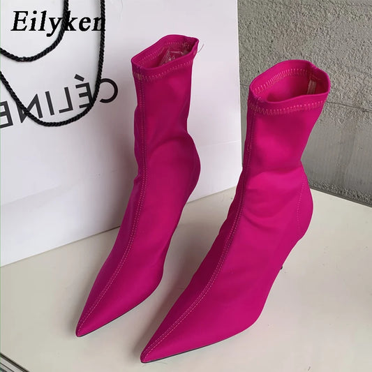 Eilyken  New Spring Autumn Stretch Fabric Women Ankle Boots Sexy Pointed Toe High Heels Fashion Female Socks Pumps Shoes