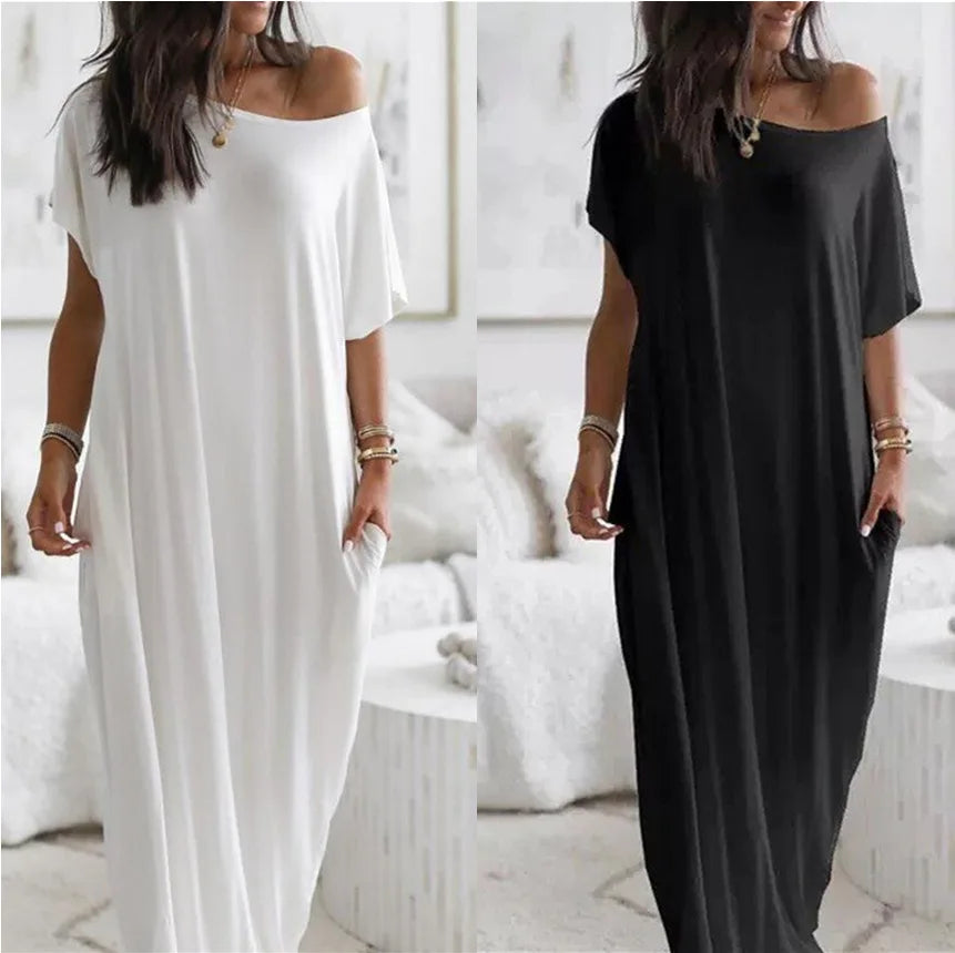 summer women's loose solid  simple daily short sleeves with pockets inclined shoulder   short sleeved long casual dress