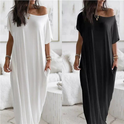 Summer Women's Loose Solid  Simple Daily Short Sleeves With Pockets Inclined Shoulder   short sleeved long casual dress