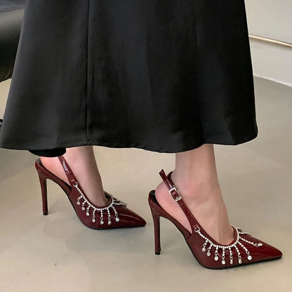 Fashion Rhinestones Chain Women Stiletto Heels Shoes Luxury Female Footwear Pointed Toe Ladies Super High Heels Pumps Shoes