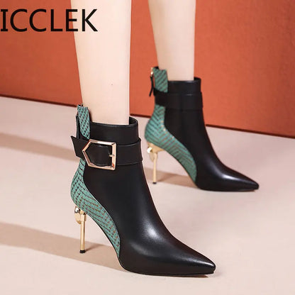 Winter Black Soft Leather Women's Boots Retro Belt Buckle Pointed Toe  Boots Side Zipper High Heels Shoes for Women Party