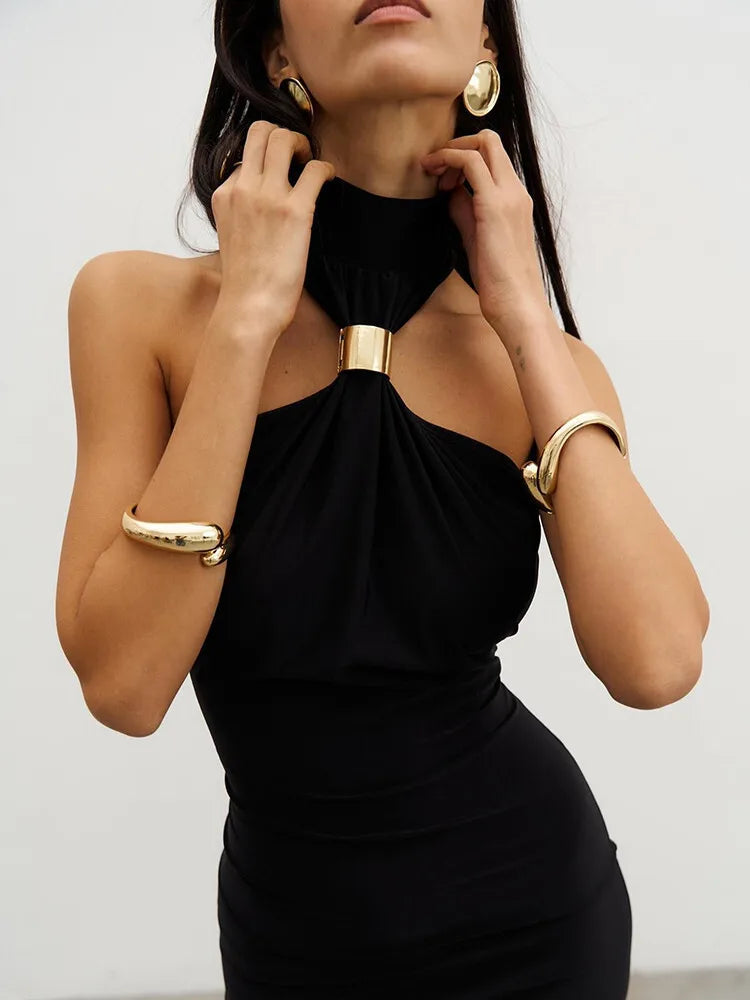 mozision turtleneck off-shoulder sexy knit maxi dress for women gown metal buckle strapless sleeveless high waist knitted dress