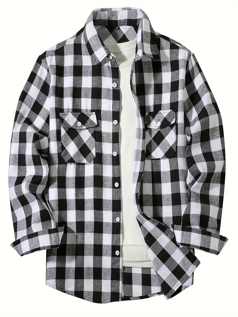 men's long sleeve shirt spring autumn fashion red plaid business casual fit flannel no iron turn-down collar polyester-rayon