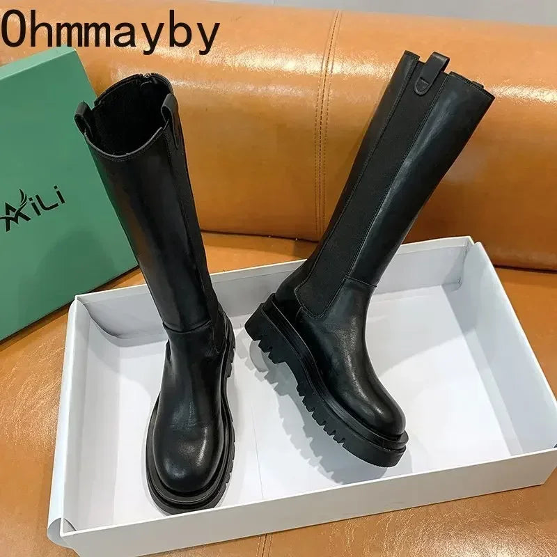 platform women knight long boots fashion warm fur shoes autumn winter square heels ladies knee high booties