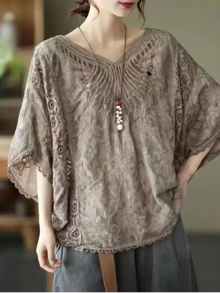 oversized summer v-neck t-shirts women lace embroidery hollow out patchwork fashion ladies blouses casual loose woman t-shirts