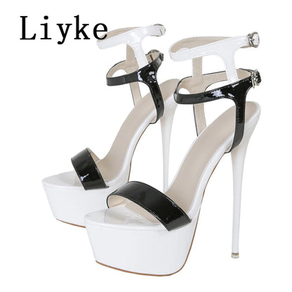 Liyke Sexy Red High Heels Platform Sandals For Women Fashion Double Buckle Strap Open Toe Wedding Banquet Shoes Big Size 45 46